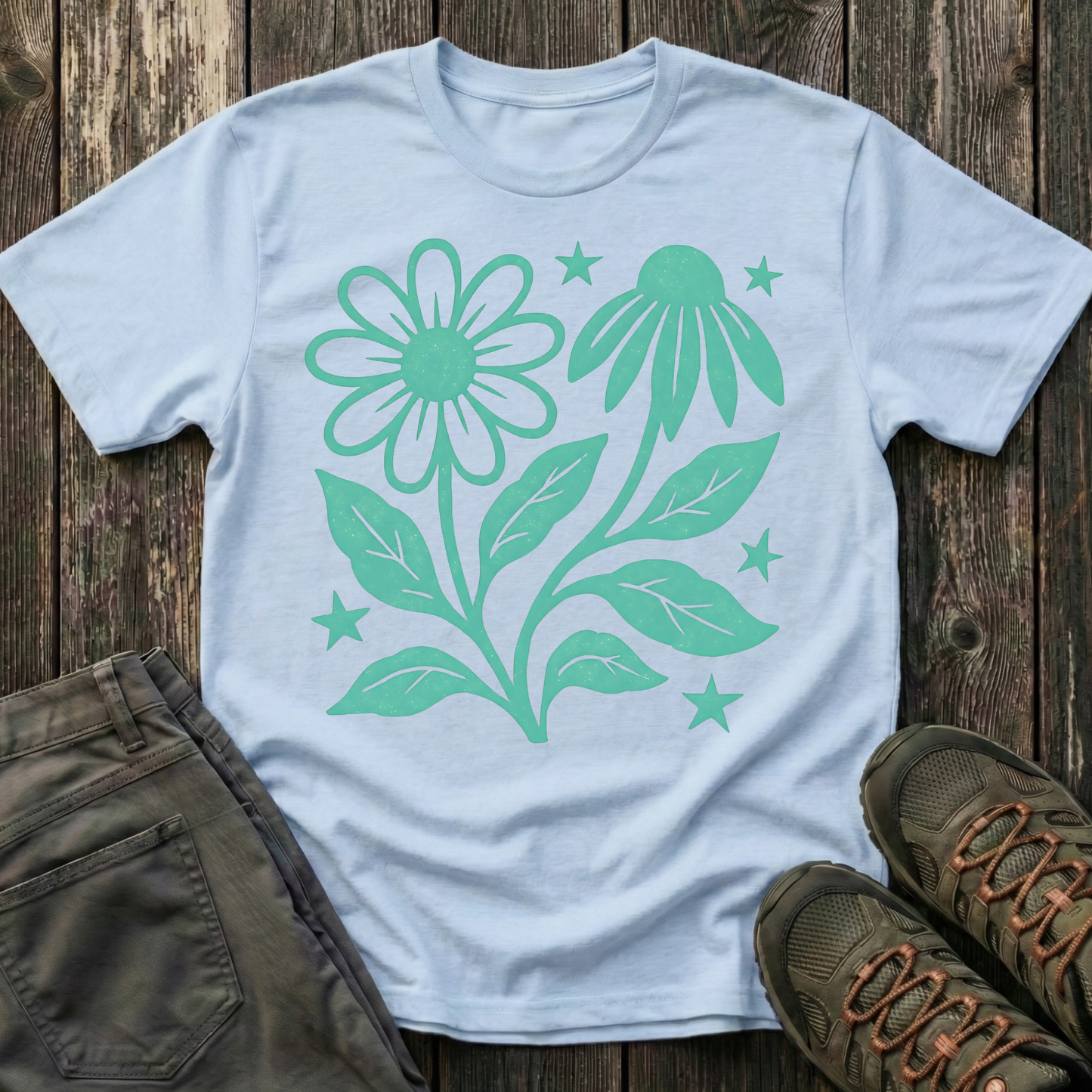 Flowers And Stars Ink Print T-shirt