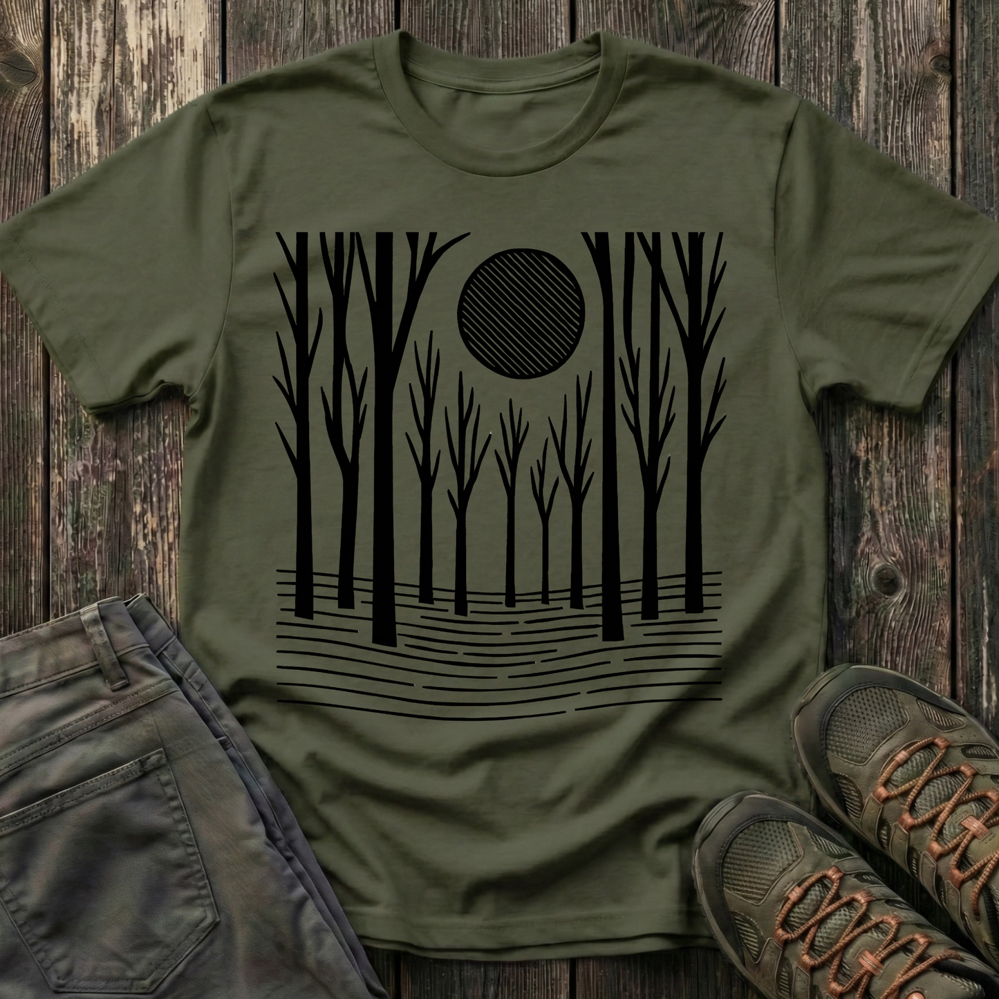 Striped Moon Over Winter Forest T-shirt
