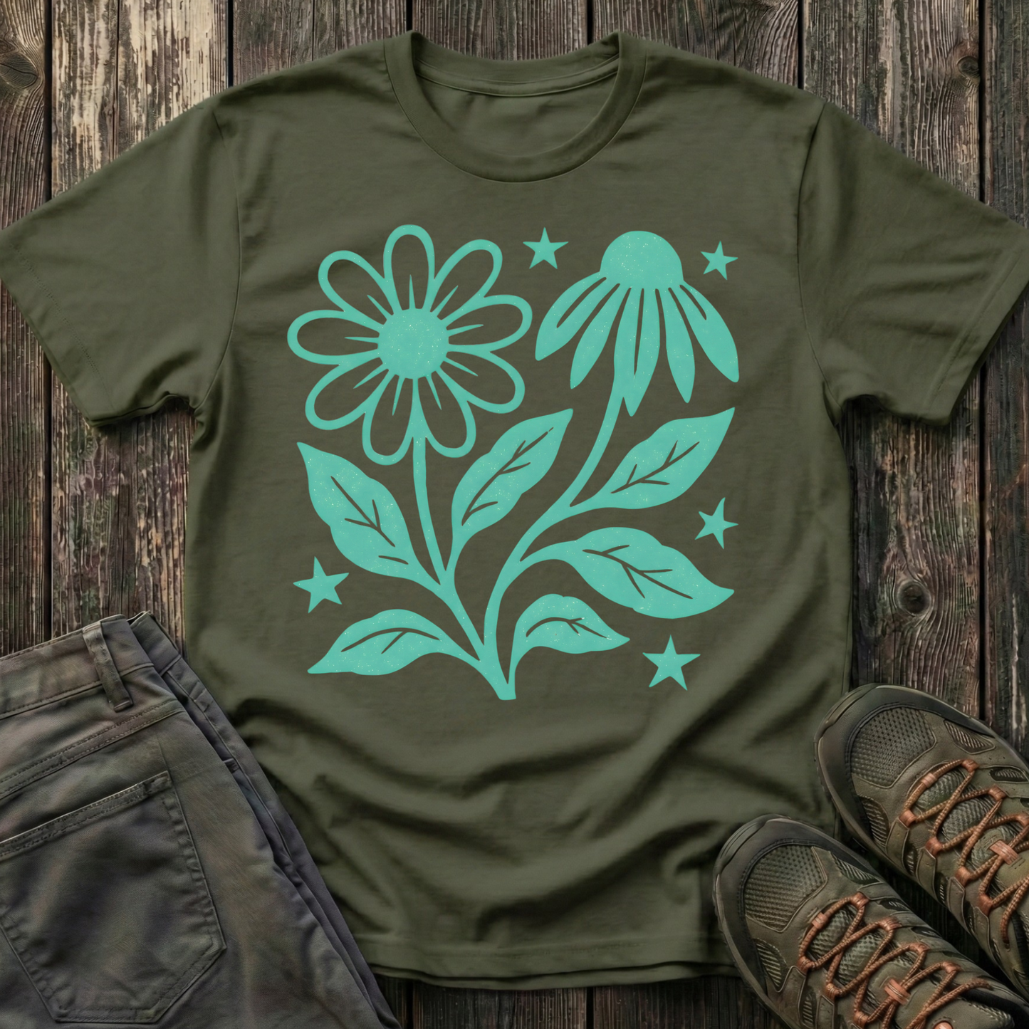 Flowers And Stars Ink Print T-shirt