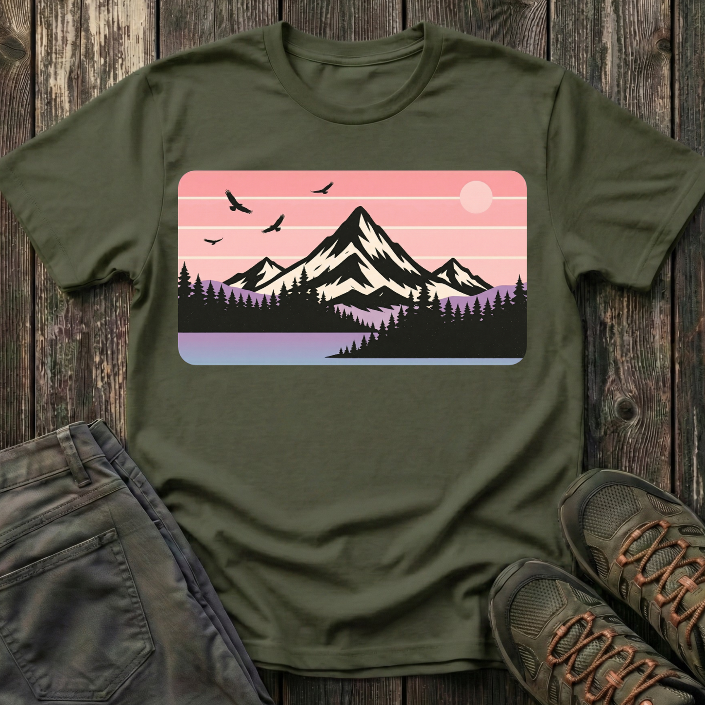 Retro Pink Mountain Peak Sunset T-shirt