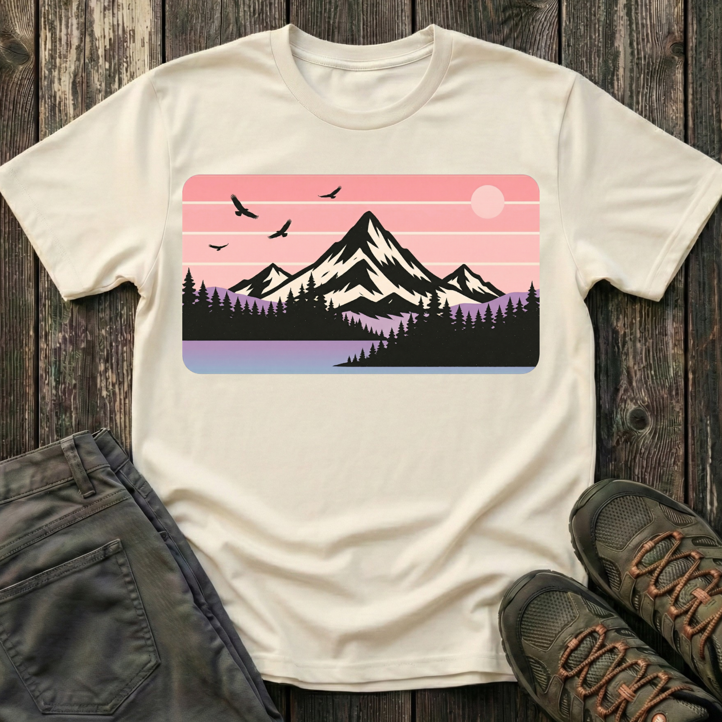 Retro Pink Mountain Peak Sunset T-shirt