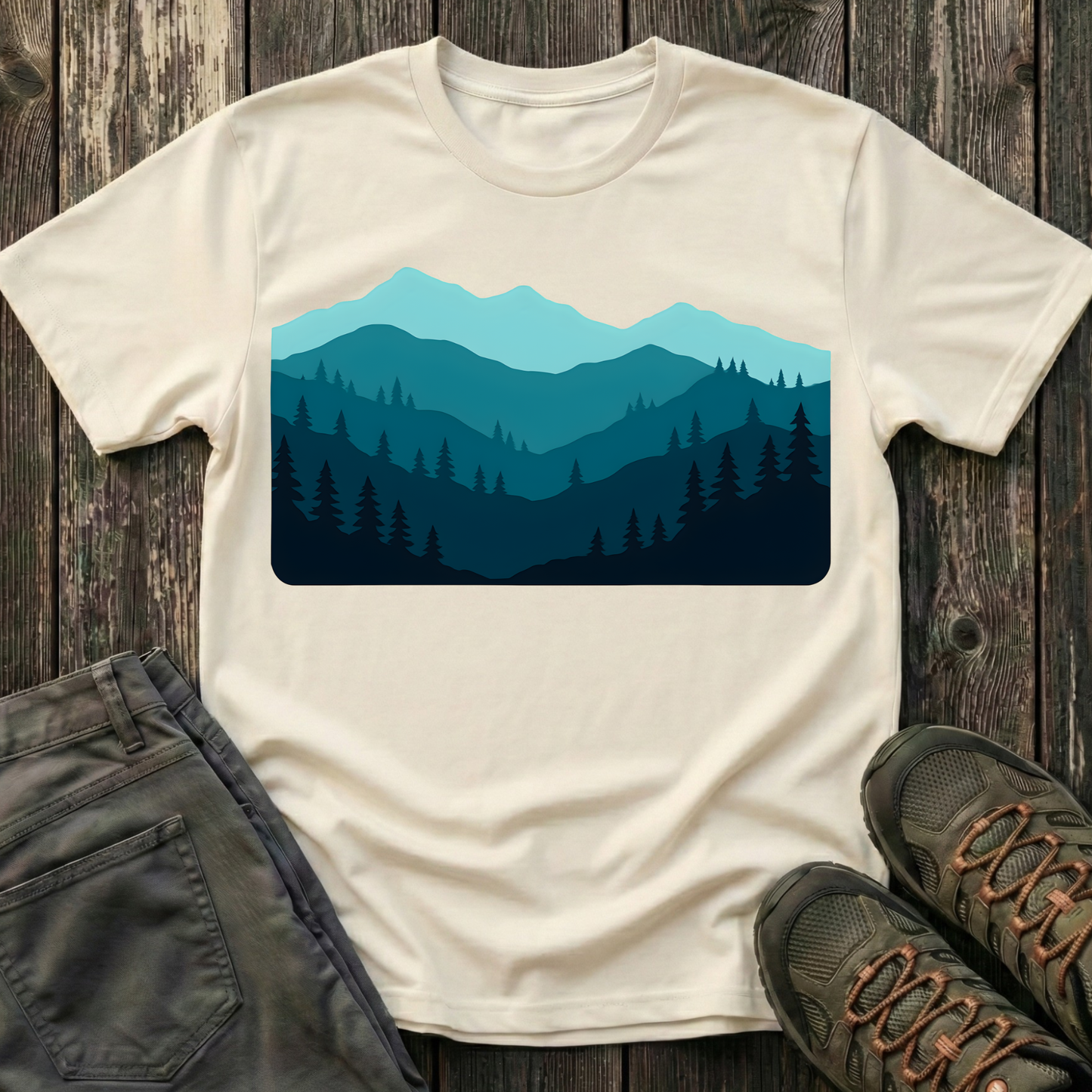 Layered Teal Mountain Landscape T-shirt