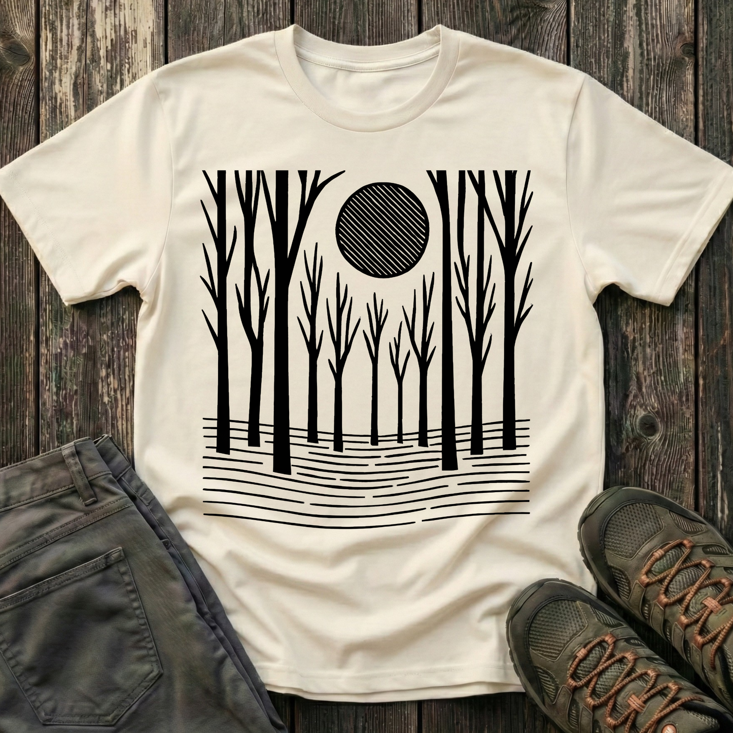 Striped Moon Over Winter Forest T-shirt