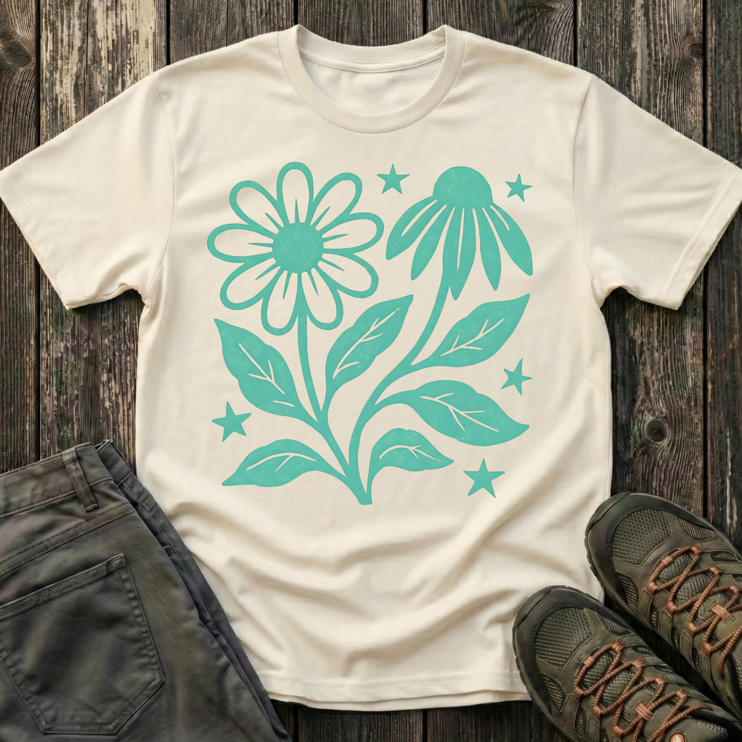 Flowers And Stars Ink Print T-shirt