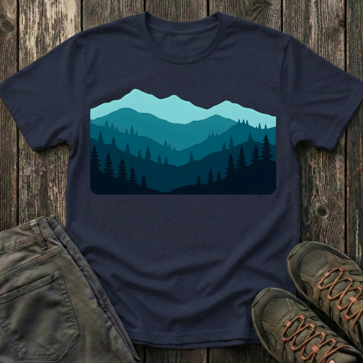 Layered Teal Mountain Landscape T-shirt