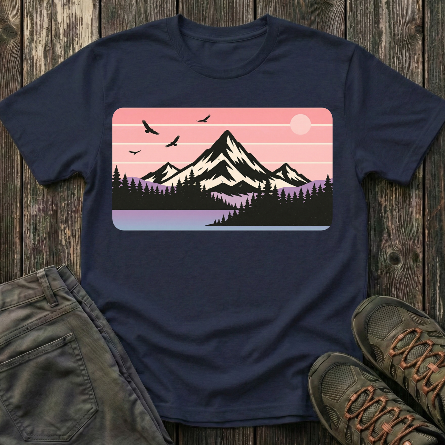 Retro Pink Mountain Peak Sunset T-shirt
