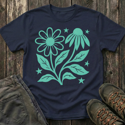 Flowers And Stars Ink Print T-shirt