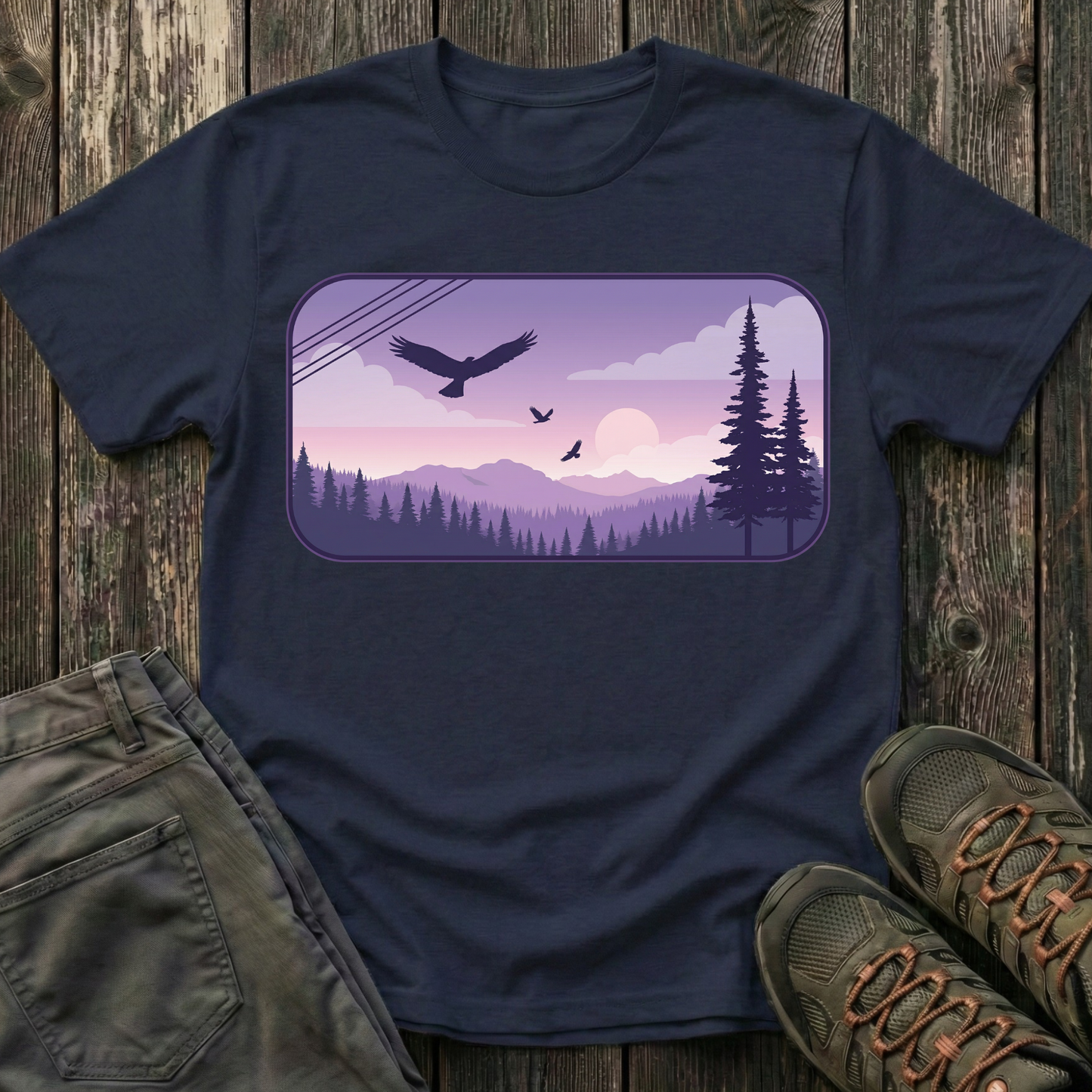 Soaring Eagle Over Purple Pines T-shirt
