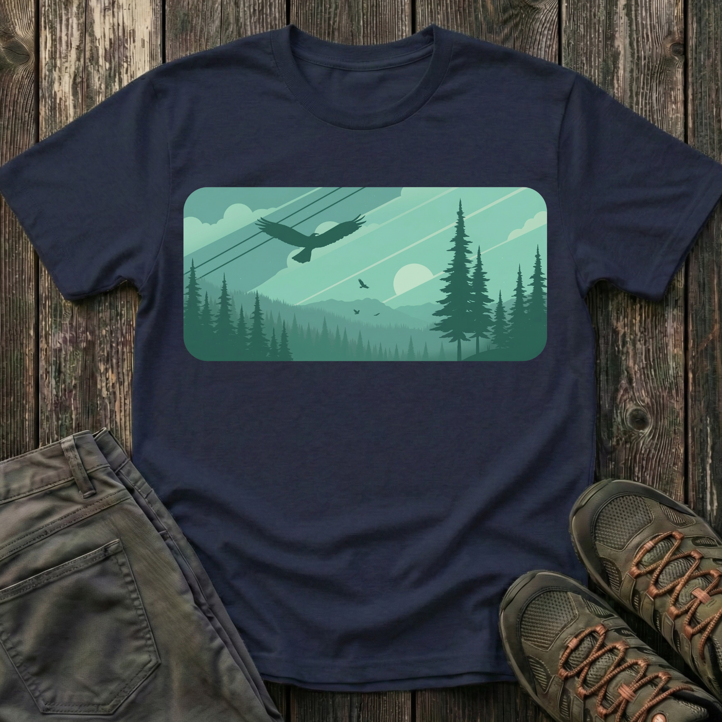 Soaring Eagle Over Green Pines T-shirt