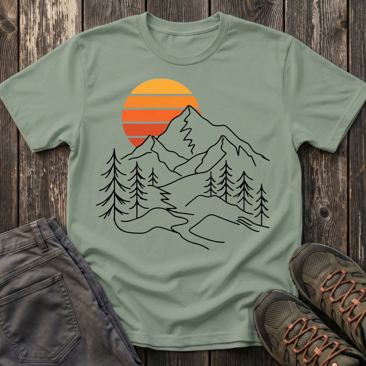 Retro Sunset Mountain Line Art T-shirt