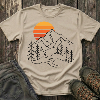 Retro Sunset Mountain Line Art T-shirt