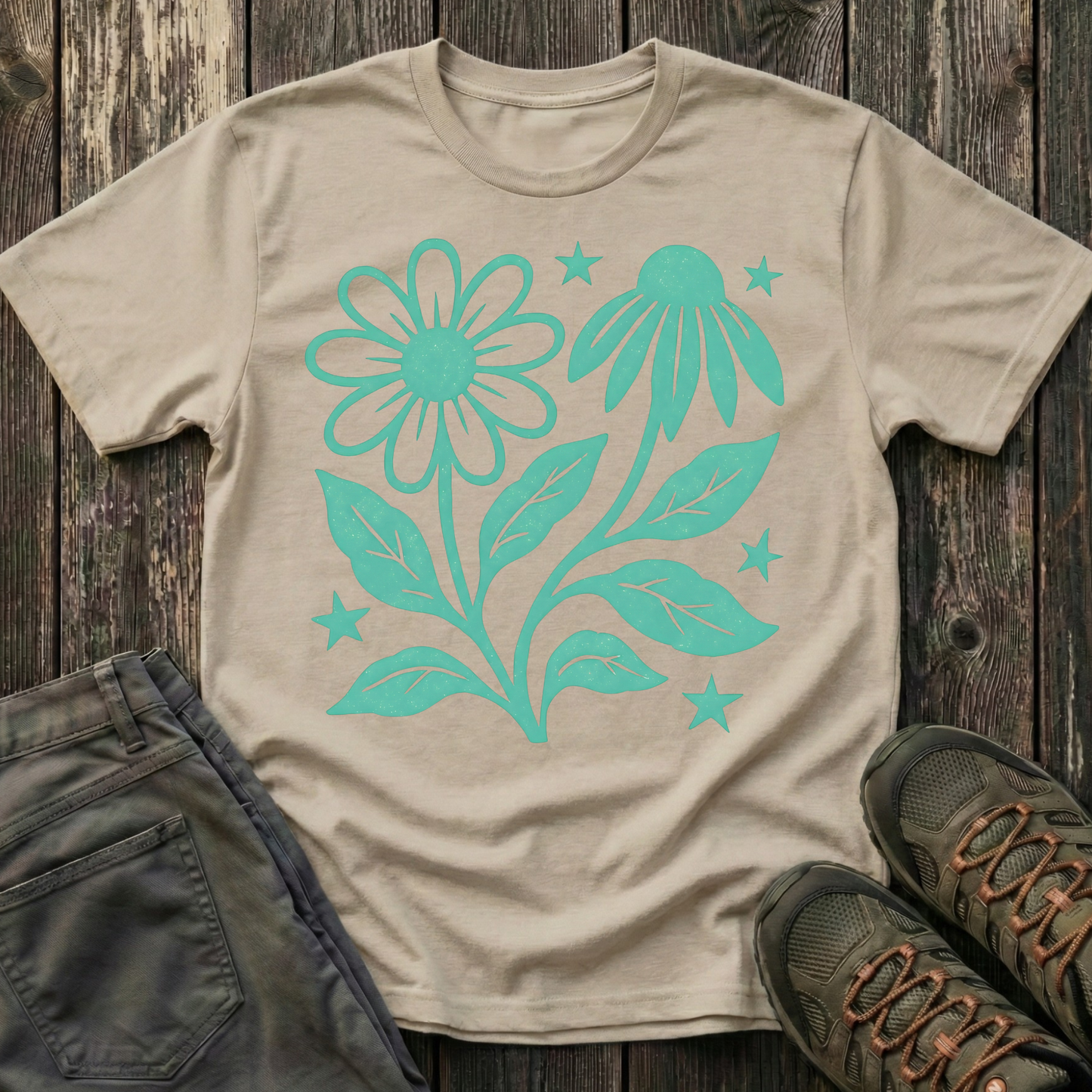 Flowers And Stars Ink Print T-shirt