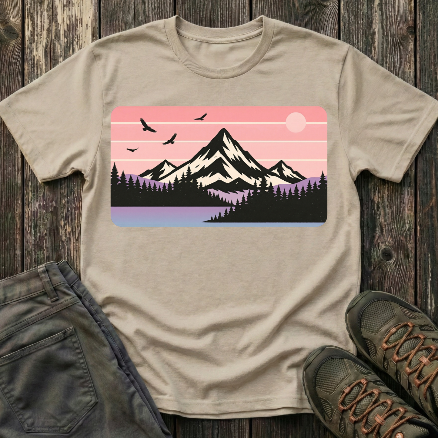 Retro Pink Mountain Peak Sunset T-shirt