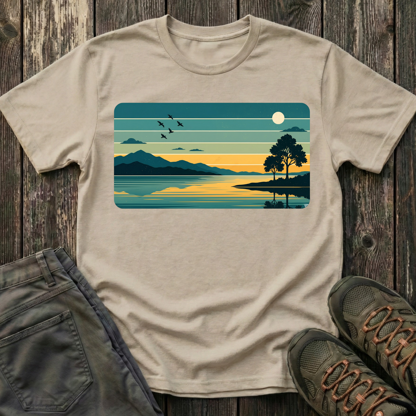 Retro Blue Sunset Over Lake T-shirt