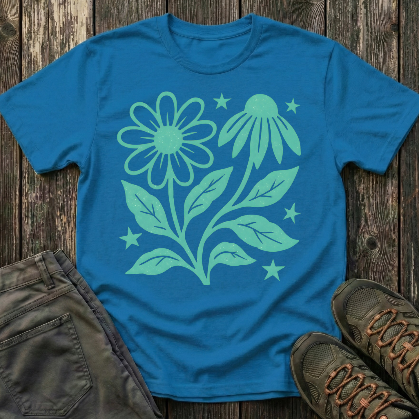 Flowers And Stars Ink Print T-shirt