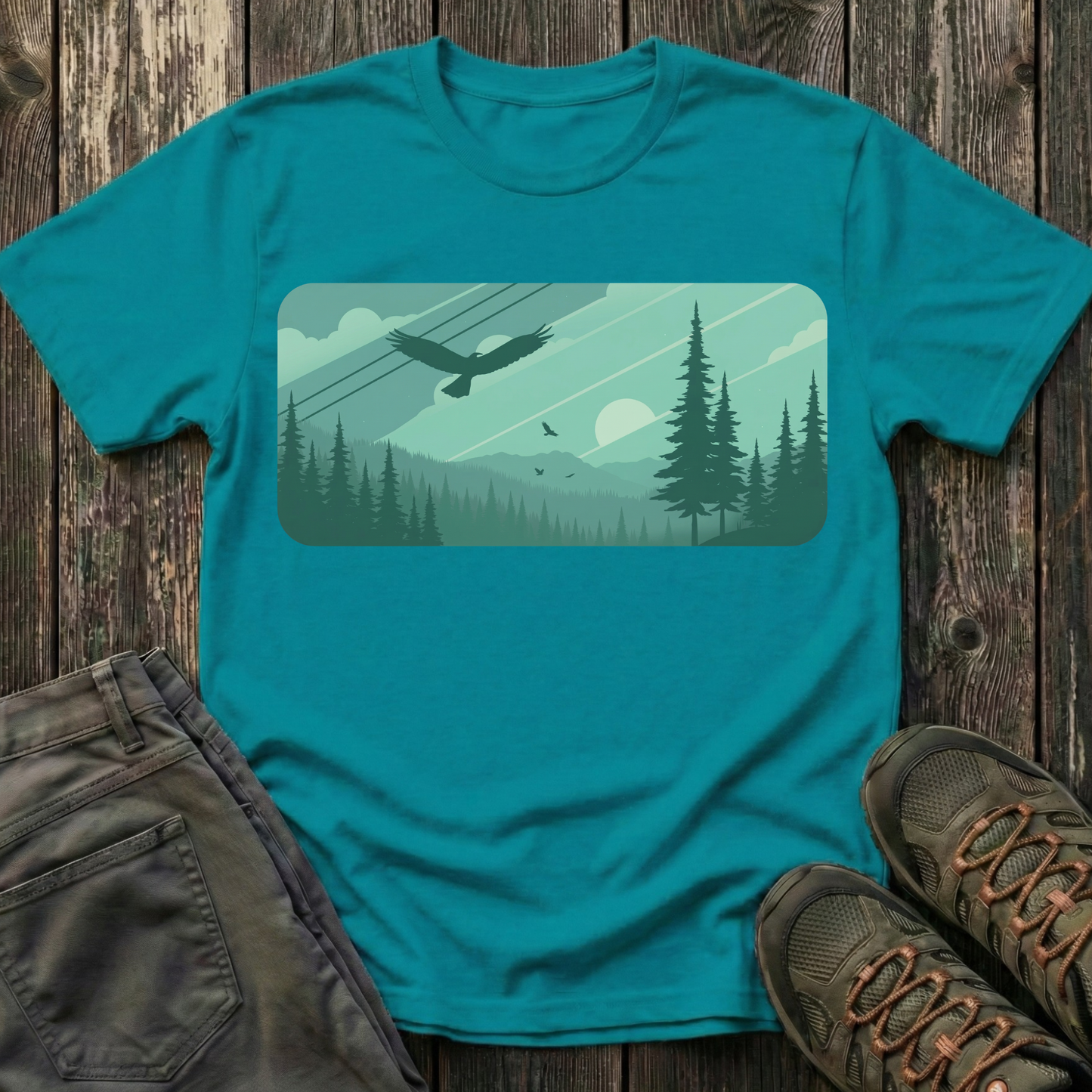 Soaring Eagle Over Green Pines T-shirt
