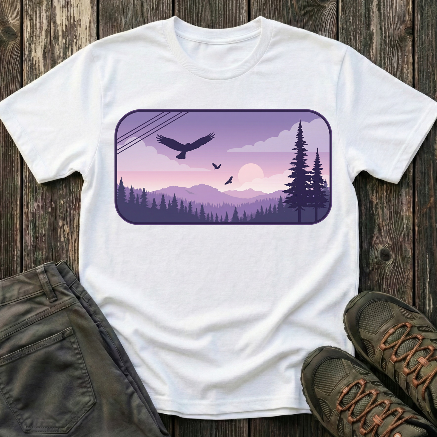 Soaring Eagle Over Purple Pines T-shirt
