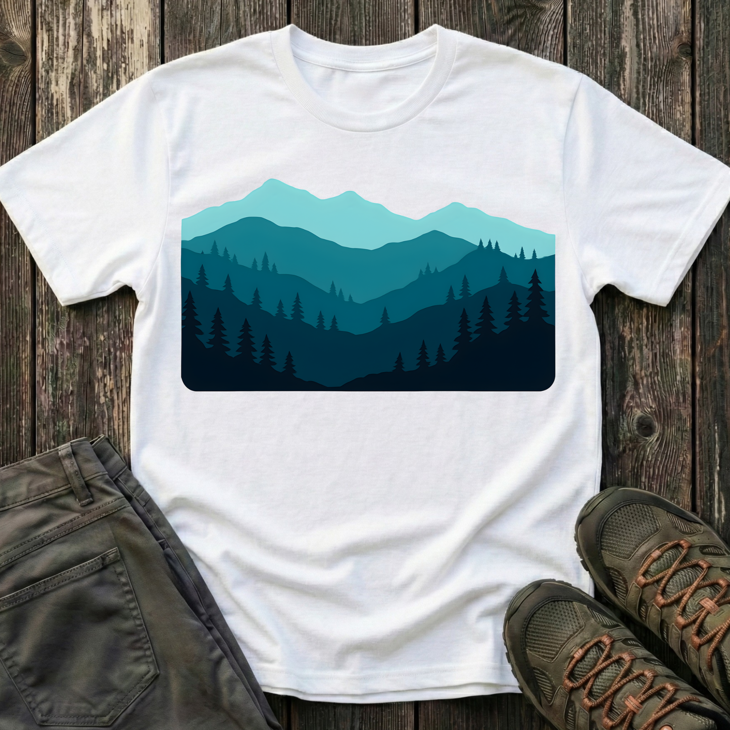 Layered Teal Mountain Landscape T-shirt