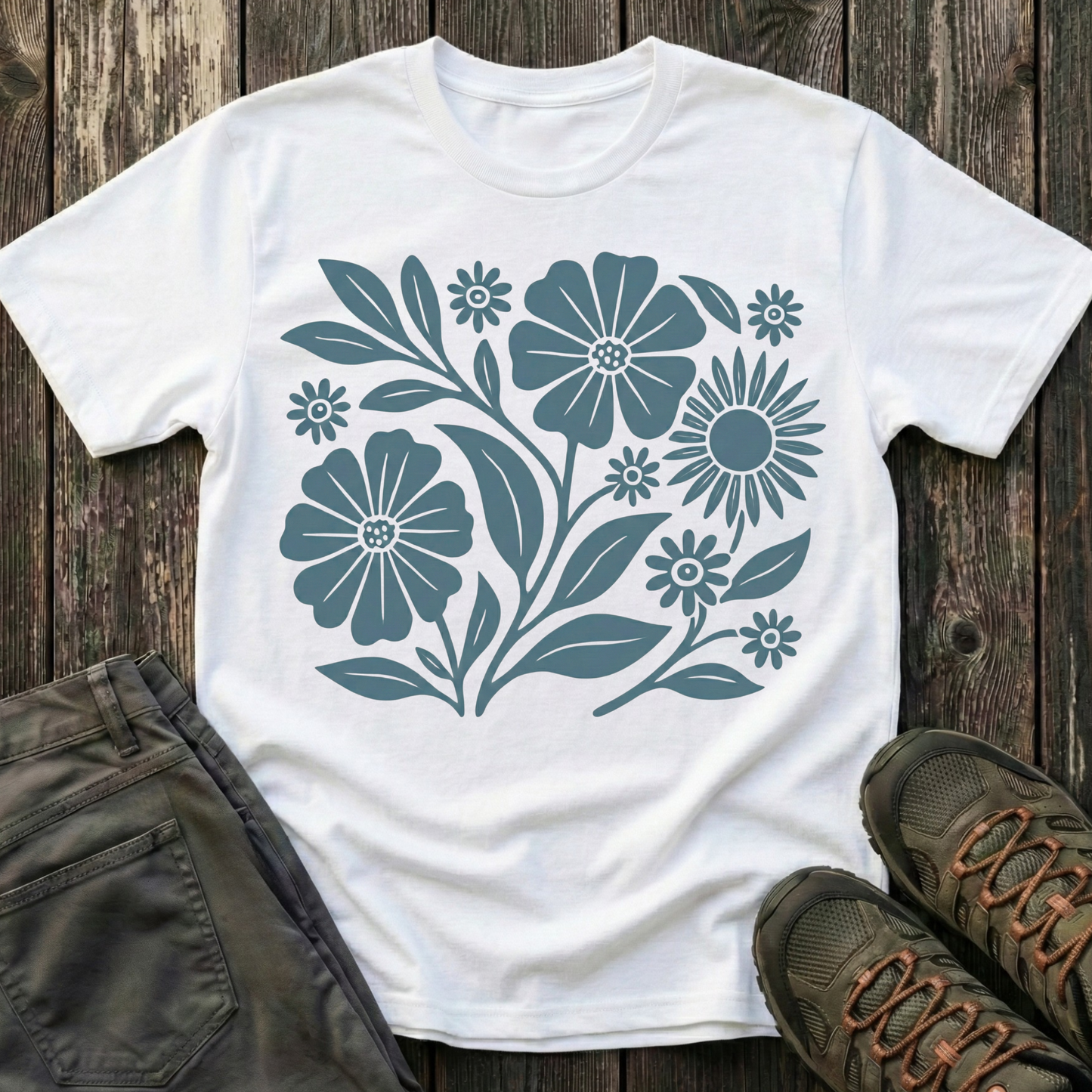 Flower Gathering Ink Print Moss T-shirt