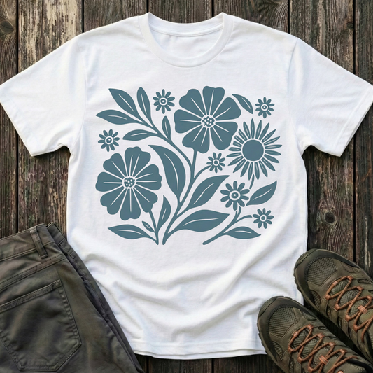 Flower Gathering Ink Print Moss T-shirt