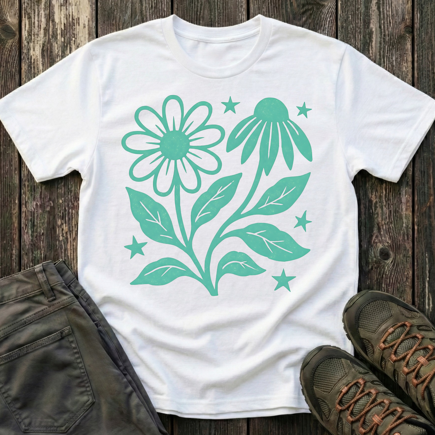 Flowers And Stars Ink Print T-shirt