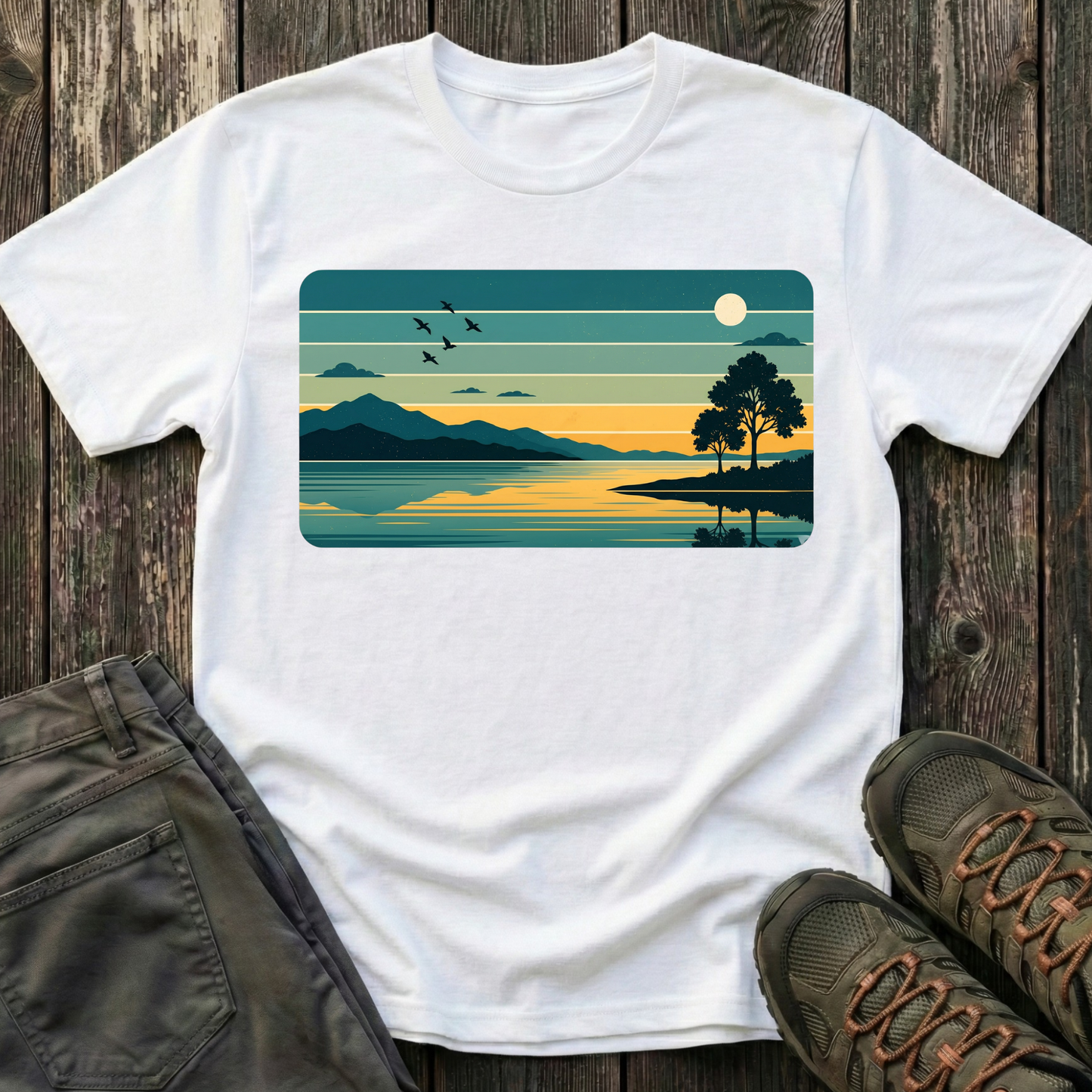 Retro Blue Sunset Over Lake T-shirt
