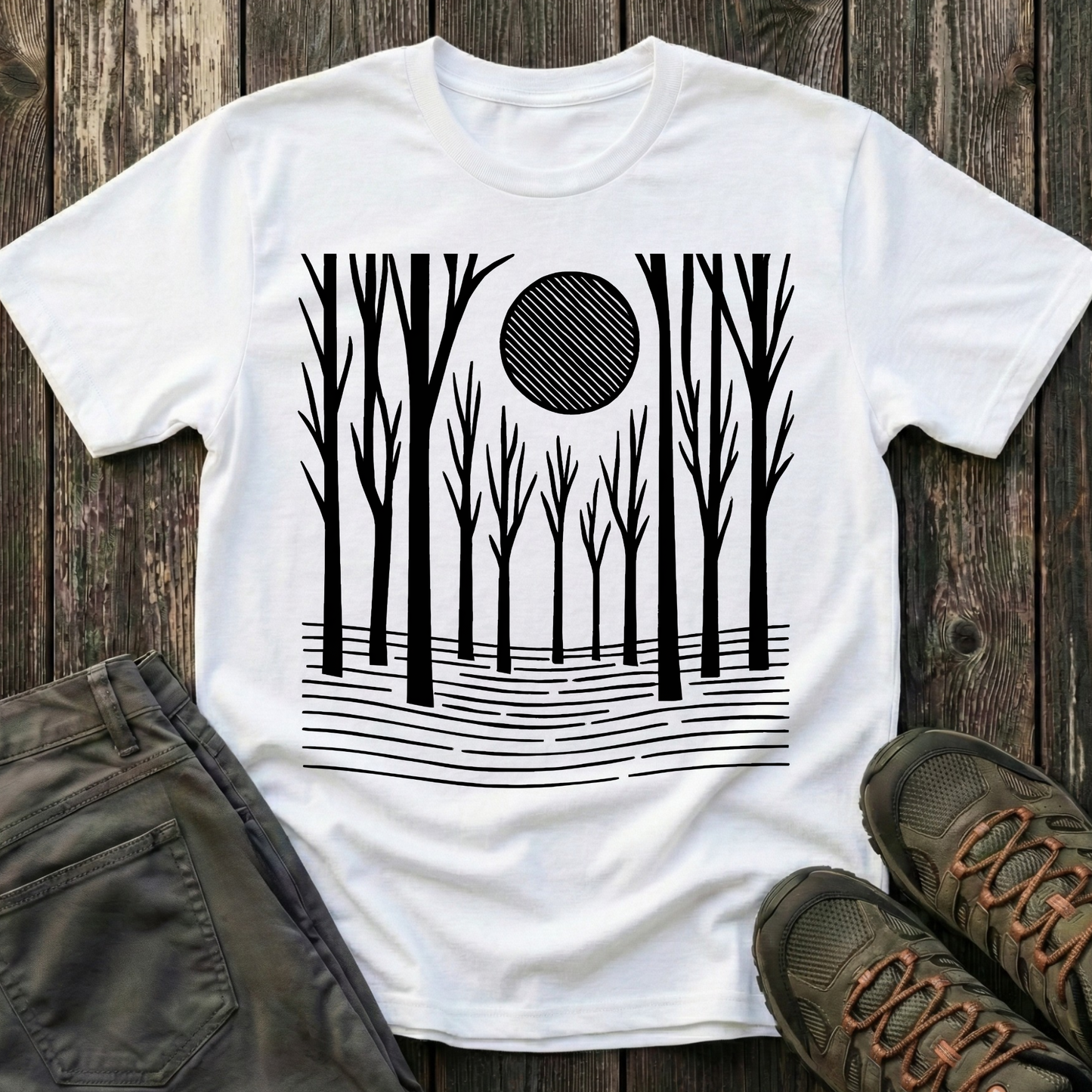 Striped Moon Over Winter Forest T-shirt
